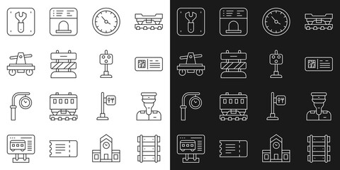 Set line Railway, railroad track, Train conductor, QR code ticket train, station clock, End of railway tracks, Draisine handcar, Repair and traffic light icon. Vector