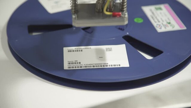 Automatic labeling machine. The robot sticks a label on the reel of components.