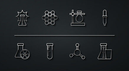 Set line Chemical explosion, Test tube radiation, Pipette, Molecule, and flask, and stand icon. Vector