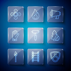 Set line Burning match with fire, Fire escape, Gas mask, Megaphone, Firefighter axe, gloves, and forest tree icon. Vector
