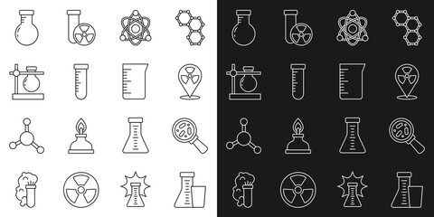 Set line Test tube and flask, Microorganisms under magnifier, Radioactive in location, Atom, stand, and Laboratory glassware beaker icon. Vector
