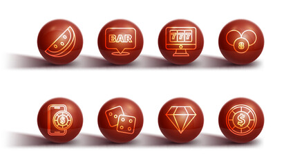 Set line Casino slot machine with watermelon, Online poker table game, Lottery ball bingo card, Diamond, Game dice, Alcohol bar location, chips and jackpot icon. Vector