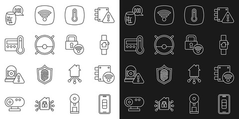 Set line Smartphone battery charge, Digital door lock, home with smart watch, Thermostat, Robot vacuum cleaner, Voice assistant and icon. Vector