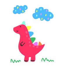 Pink cartoon dinosaur. Children's illustration for a poster, postcard, print on clothes.