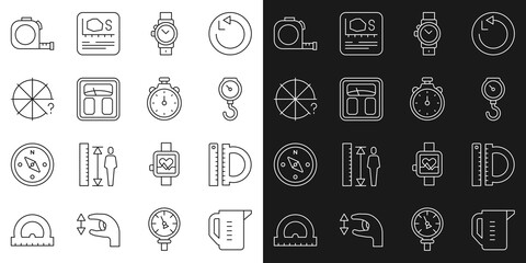 Set line Measuring cup, Protractor and ruler, Hand scale spring mechanical, Wrist watch, Bathroom scales, Circle of pieces, Roulette construction and Stopwatch icon. Vector