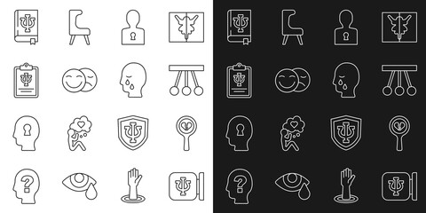 Set line Psychology, Psi, Broken heart or divorce, Pendulum, Solution to the problem, Comedy and tragedy masks, book, and Man graves funeral sorrow icon. Vector