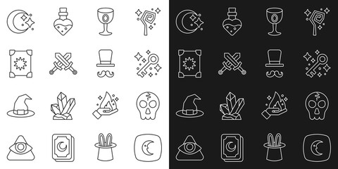 Set line Moon and stars, Skull, Old magic key, Medieval goblet, Crossed medieval sword, Ancient book, and Magician icon. Vector