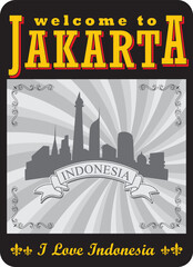 Fototapeta na wymiar Vintage Touristic Greeting Card. Typographical background welcome to Jakarta