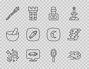 Set line Old magic key, Fireball, Bottle with potion, Magic stone, staff, hand mirror and scroll icon. Vector