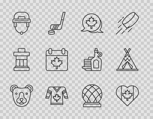 Set line Bear head, Heart shaped Canada flag, Canadian maple leaf, Hockey jersey, helmet, day with, Montreal Biosphere and Indian teepee or wigwam icon. Vector © Kostiantyn