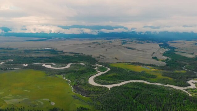Aerial video over river Chuya in the Kurai steppe
