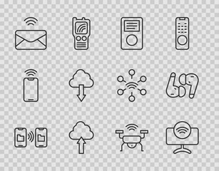 Set line Data transfer and storage, Smart Tv system, Music player, Cloud upload, Mail e-mail, download, drone and Air headphones icon. Vector