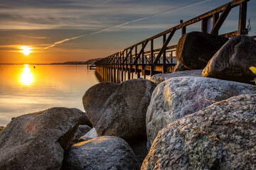 Pier in Harrislee, Flensburg, Baltic Sea at sunrise