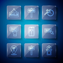 Set line Auction hammer, Hand holding auction paddle, jewelry sale, Online, Bid, Price tag with Sale and icon. Vector