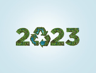 Green ecosystem 2023. New Year 2023 green recycling and save our planet and earth environment. World water day 2023. Earth day 2023 3d concept.