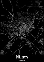 Black and White city map poster of Nimes France.