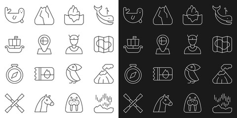 Set line Northern lights, Volcano, Map of Iceland, Iceberg, Location flag, Viking ship Drakkar, Fur seal animal and head icon. Vector