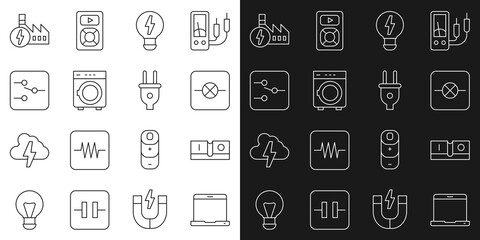 Set line Laptop, Electric light switch, Lamp in electronic circuit, Creative lamp idea, Washer, Switch, Nuclear power plant and plug icon. Vector