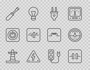 Set line Electric tower line, Electrolytic capacitor, plug, High voltage, Screwdriver, DC source, extension and meter icon. Vector
