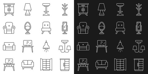 Set line Wardrobe, Chandelier, Big full length mirror, Chair, Armchair, Furniture nightstand and icon. Vector