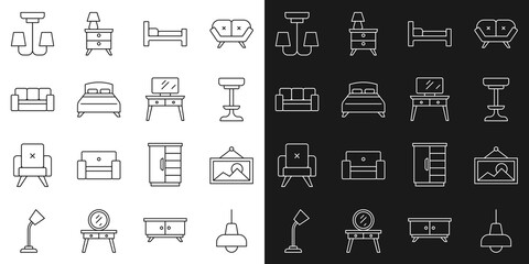Set line Lamp hanging, Picture, Chair, Bed, Big bed, Sofa, Chandelier and Dressing table icon. Vector