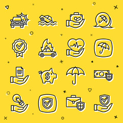 Set line Shield in hand, Money with shield, Umbrella, Travel suitcase, Burning car, Approved check mark, Car accident and Life insurance icon. Vector