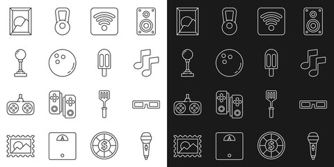 Set line Microphone, Cinema glasses, Music note, tone, Wi-Fi wireless internet network, Bowling ball, Joystick for arcade machine, Picture landscape and Ice cream icon. Vector