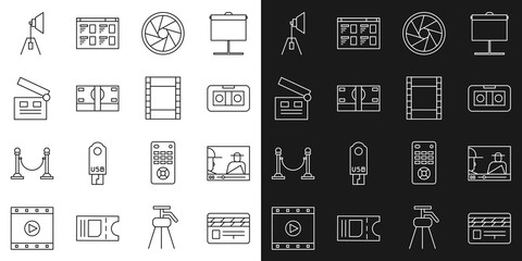 Set line Movie clapper, Online play video, VHS cassette tape, Camera shutter, Stacks paper money cash, spotlight and Play Video icon. Vector