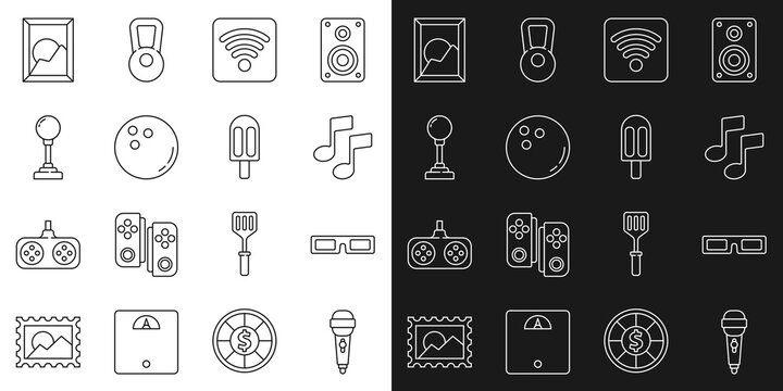 Set line Microphone, Cinema glasses, Music note, tone, Wi-Fi wireless internet network, Bowling ball, Joystick for arcade machine, Picture landscape and Ice cream icon. Vector