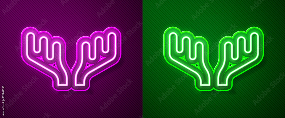 Sticker Glowing neon line Deer antlers icon isolated on purple and green background. Hunting trophy on wall. Vector