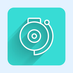 White line Ringing alarm bell icon isolated with long shadow background. Fire alarm system. Service bell, handbell sign, notification symbol. Green square button. Vector