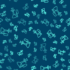 Green line Hookah icon isolated seamless pattern on blue background. Vector