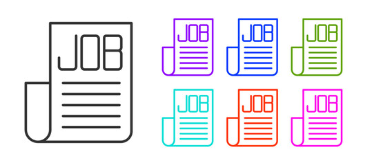 Black line Search job icon isolated on white background. Recruitment or selection concept. Human resource and recruitment for business. Set icons colorful. Vector