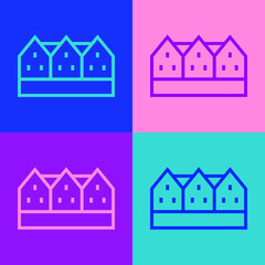 Pop art line Icelandic wooden house icon isolated on color background. Architecture element of Iceland. Vector