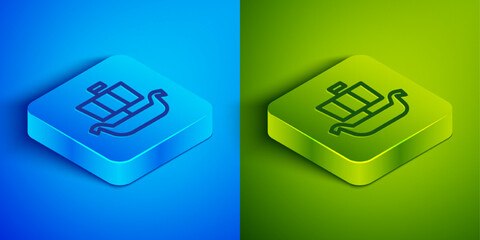 Isometric line Ancient viking scandinavian drakkar icon isolated on blue and green background. Viking transport ship. Square button. Vector