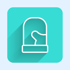 White line Pair of knitted christmas mittens icon isolated with long shadow background. Mitten icon. Merry Christmas and Happy New Year. Green square button. Vector