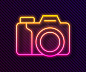 Glowing neon line Photo camera icon isolated on black background. Foto camera. Digital photography. Vector