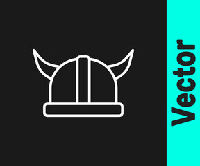 White line Viking in horned helmet icon isolated on black background. Vector