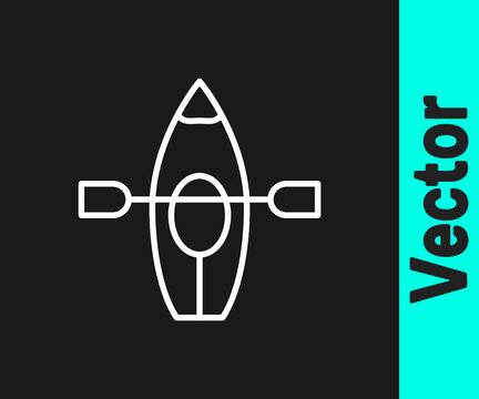 White line Kayak and paddle icon isolated on black background. Kayak and canoe for fishing and tourism. Outdoor activities. Vector