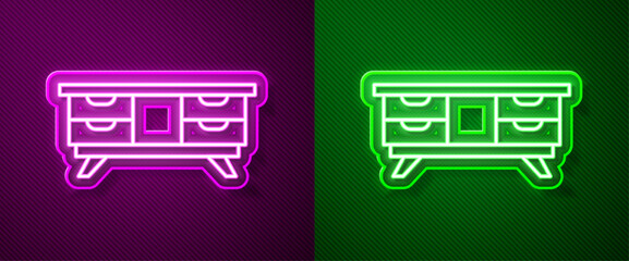 Glowing neon line TV table stand icon isolated on purple and green background. Vector