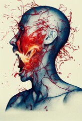 Human face from profile, portrait. Sketch showing face muscle, face exploding, dismantled face, anatomy. Painting, concept art, cinematic light, background, wallpaper, illustration