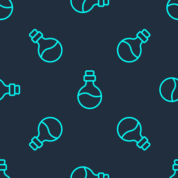Green line Bottle with love potion icon isolated seamless pattern on blue background. Happy Valentines day. Vector