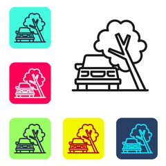 Black line Car damaged by fallen tree icon isolated on white background. Auto insurance case. Car crash with tree, road accident. Set icons in color square buttons. Vector