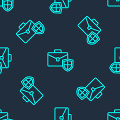 Green line Briefcase with shield icon isolated seamless pattern on blue background. Insurance concept. Security, safety, protection, protect concept. Vector