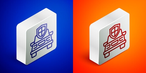 Isometric line Car insurance icon isolated on blue and orange background. Insurance concept. Security, safety, protection, protect concept. Silver square button. Vector