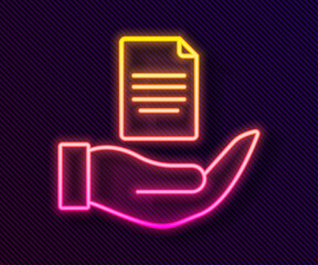 Glowing neon line Contract in hand icon isolated on black background. Insurance concept. Security, safety, protection, protect concept. Vector