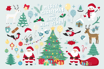 Winter collection of Santa Claus, Christmas tree, bird, deer, snowman, glass snow ball, berry, bag, gift, balls, hat, mittens, garlands, sparklers. Lettering Merry Christmas and Happy New Year