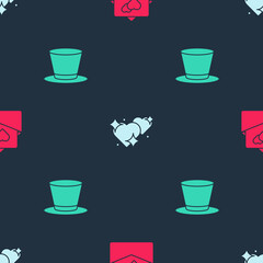 Set Greeting card, Two Linked Hearts and Cylinder hat on seamless pattern. Vector