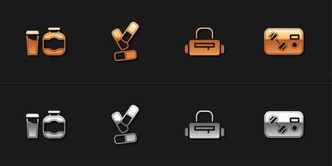 Set Sports nutrition, Vitamin pill, bag and Fitness club, gym card icon. Vector