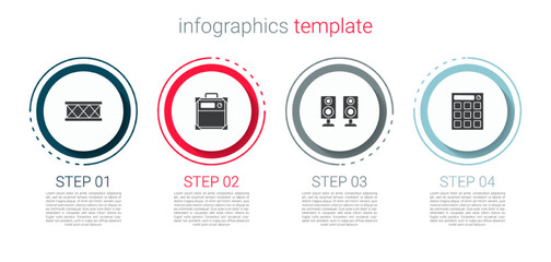 Set Drum, Guitar amplifier, Stereo speaker and machine. Business infographic template. Vector